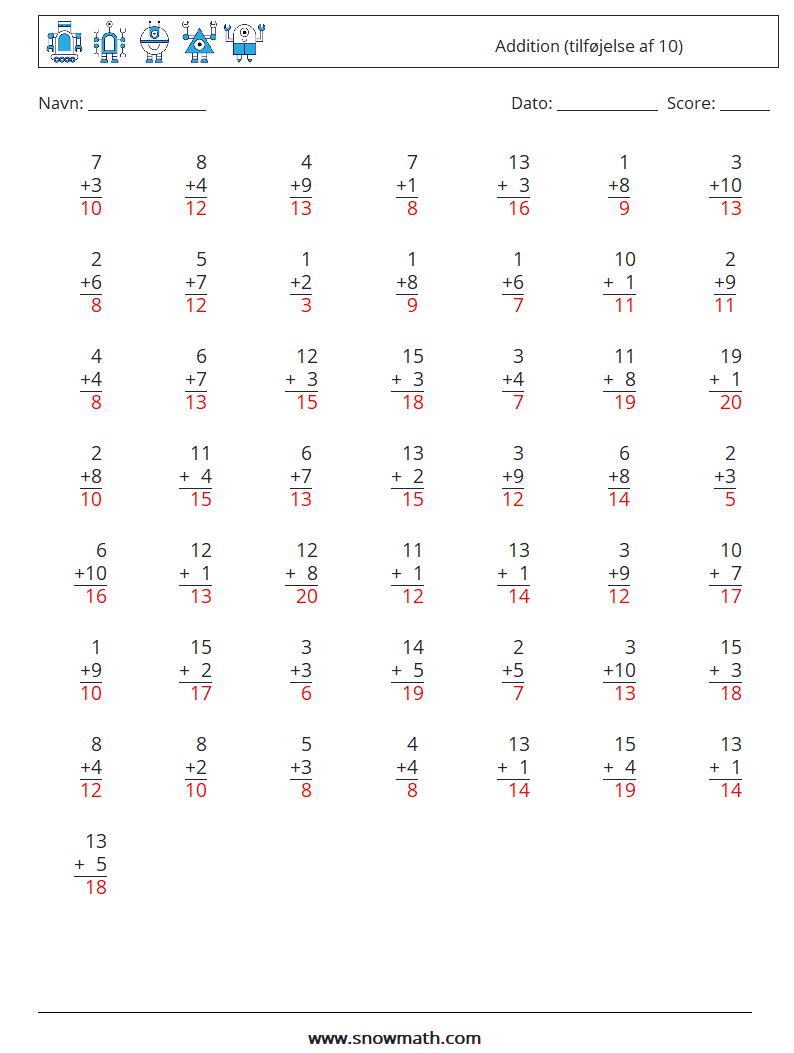 (50) Addition (tilføjelse af 10) Matematiske regneark 10 Spørgsmål, svar