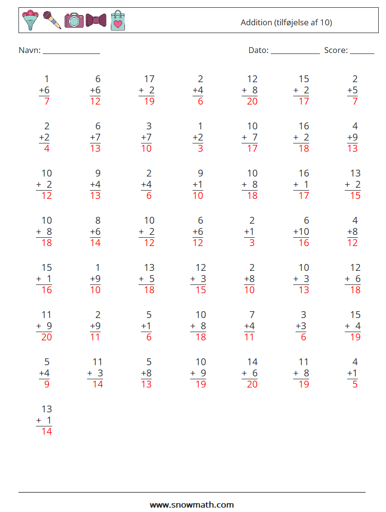 (50) Addition (tilføjelse af 10) Matematiske regneark 15 Spørgsmål, svar