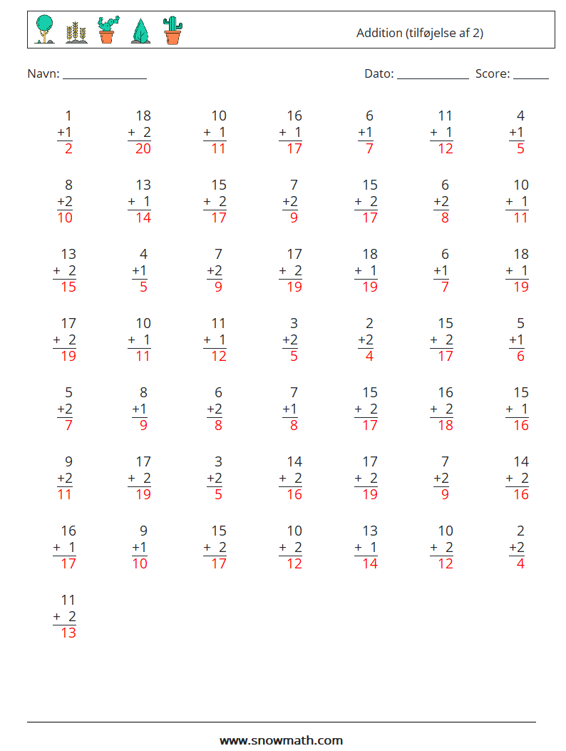 (50) Addition (tilføjelse af 2) Matematiske regneark 10 Spørgsmål, svar