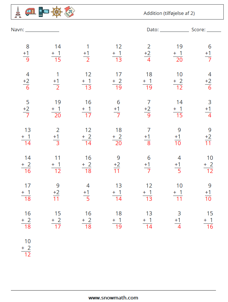 (50) Addition (tilføjelse af 2) Matematiske regneark 11 Spørgsmål, svar