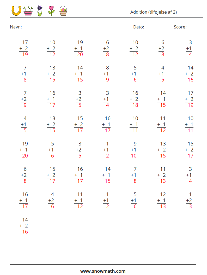 (50) Addition (tilføjelse af 2) Matematiske regneark 13 Spørgsmål, svar