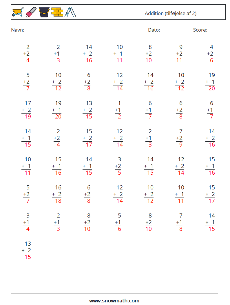 (50) Addition (tilføjelse af 2) Matematiske regneark 14 Spørgsmål, svar