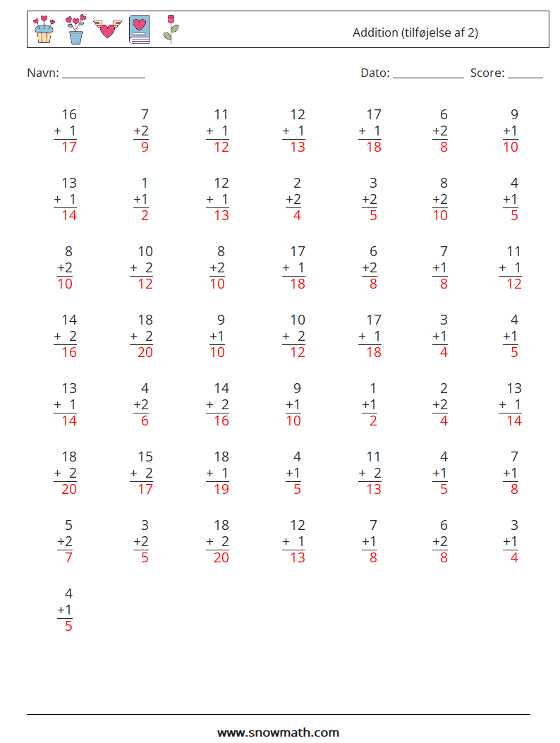 (50) Addition (tilføjelse af 2) Matematiske regneark 15 Spørgsmål, svar