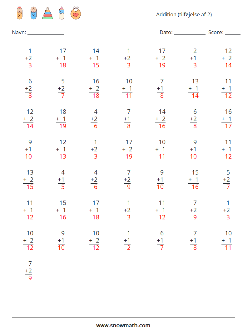 (50) Addition (tilføjelse af 2) Matematiske regneark 16 Spørgsmål, svar