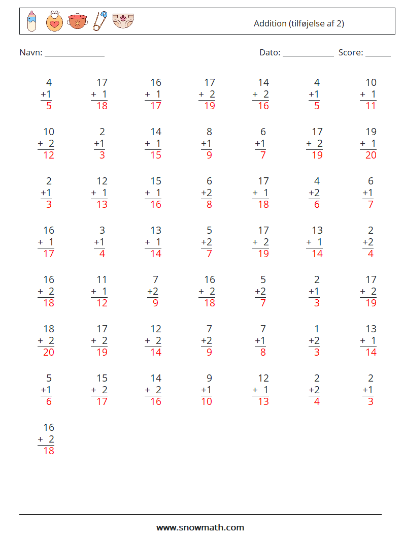 (50) Addition (tilføjelse af 2) Matematiske regneark 17 Spørgsmål, svar