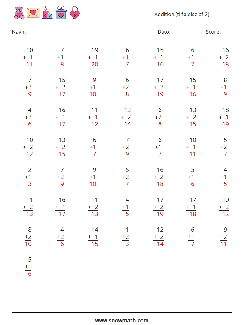 (50) Addition (tilføjelse af 2) Matematiske regneark 18 Spørgsmål, svar