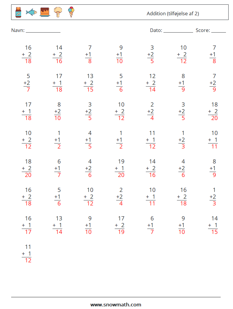 (50) Addition (tilføjelse af 2) Matematiske regneark 8 Spørgsmål, svar