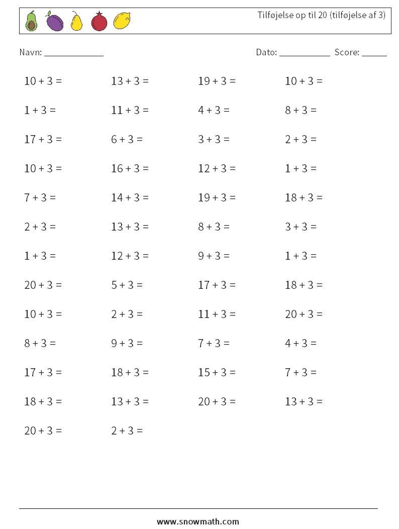 (50) Tilføjelse op til 20 (tilføjelse af 3) Matematiske regneark 3