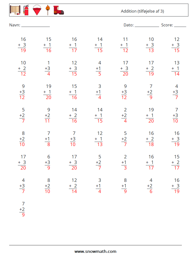 (50) Addition (tilføjelse af 3) Matematiske regneark 17 Spørgsmål, svar