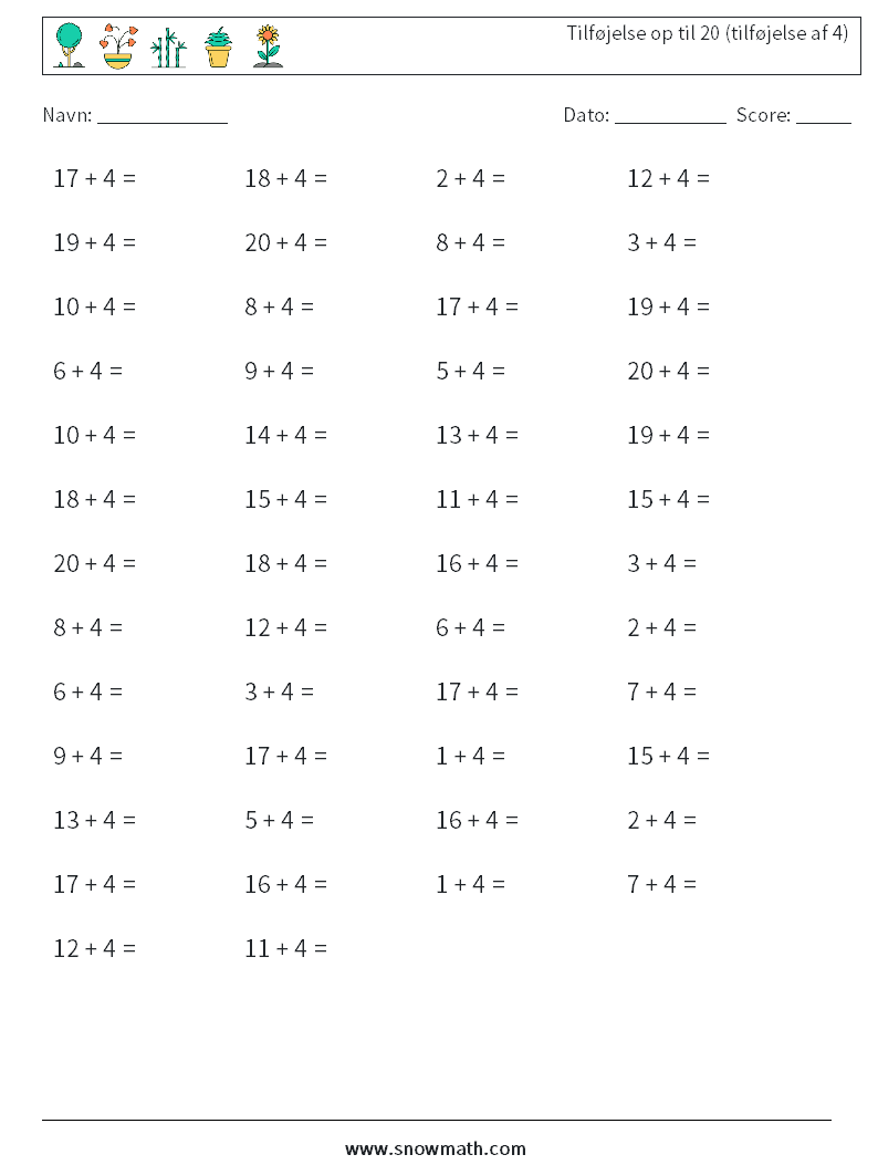 (50) Tilføjelse op til 20 (tilføjelse af 4) Matematiske regneark 2