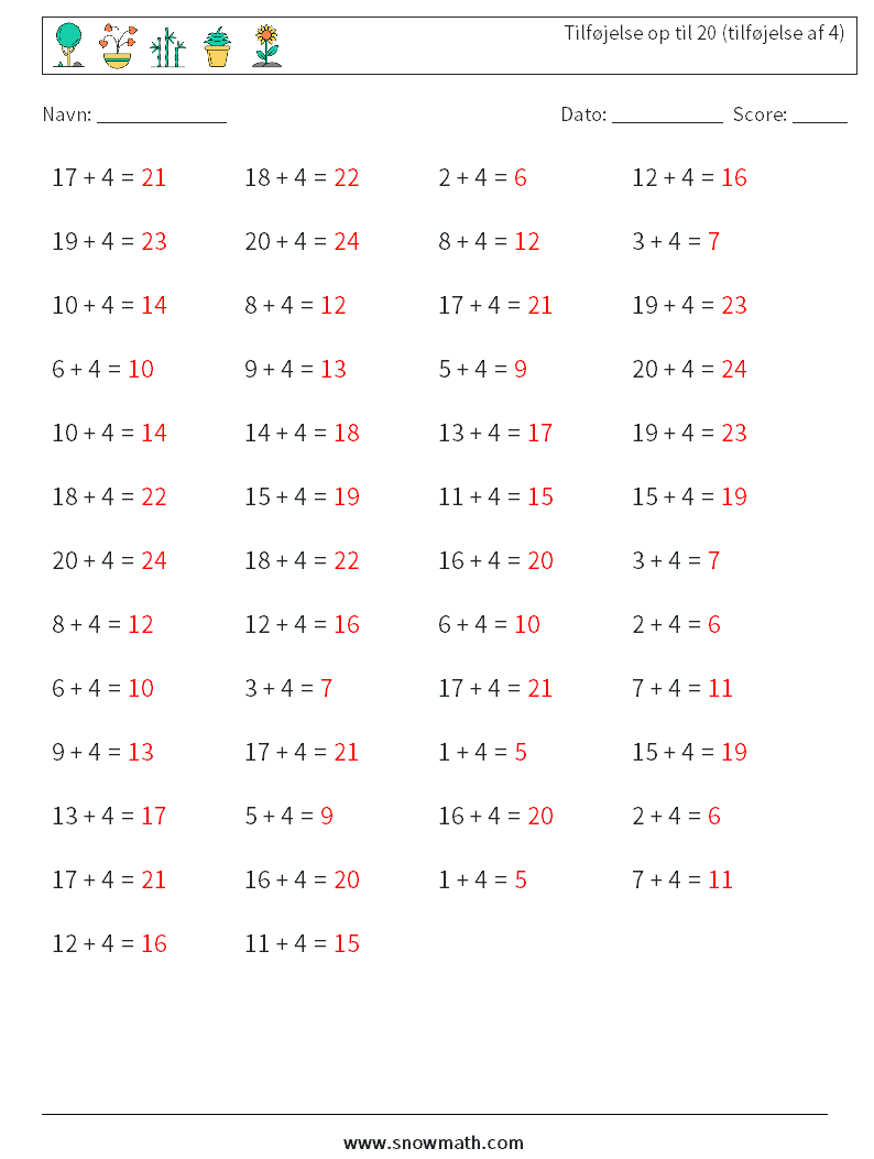 (50) Tilføjelse op til 20 (tilføjelse af 4) Matematiske regneark 2 Spørgsmål, svar
