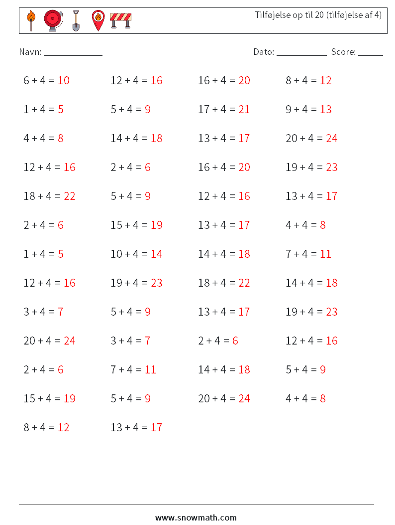 (50) Tilføjelse op til 20 (tilføjelse af 4) Matematiske regneark 3 Spørgsmål, svar