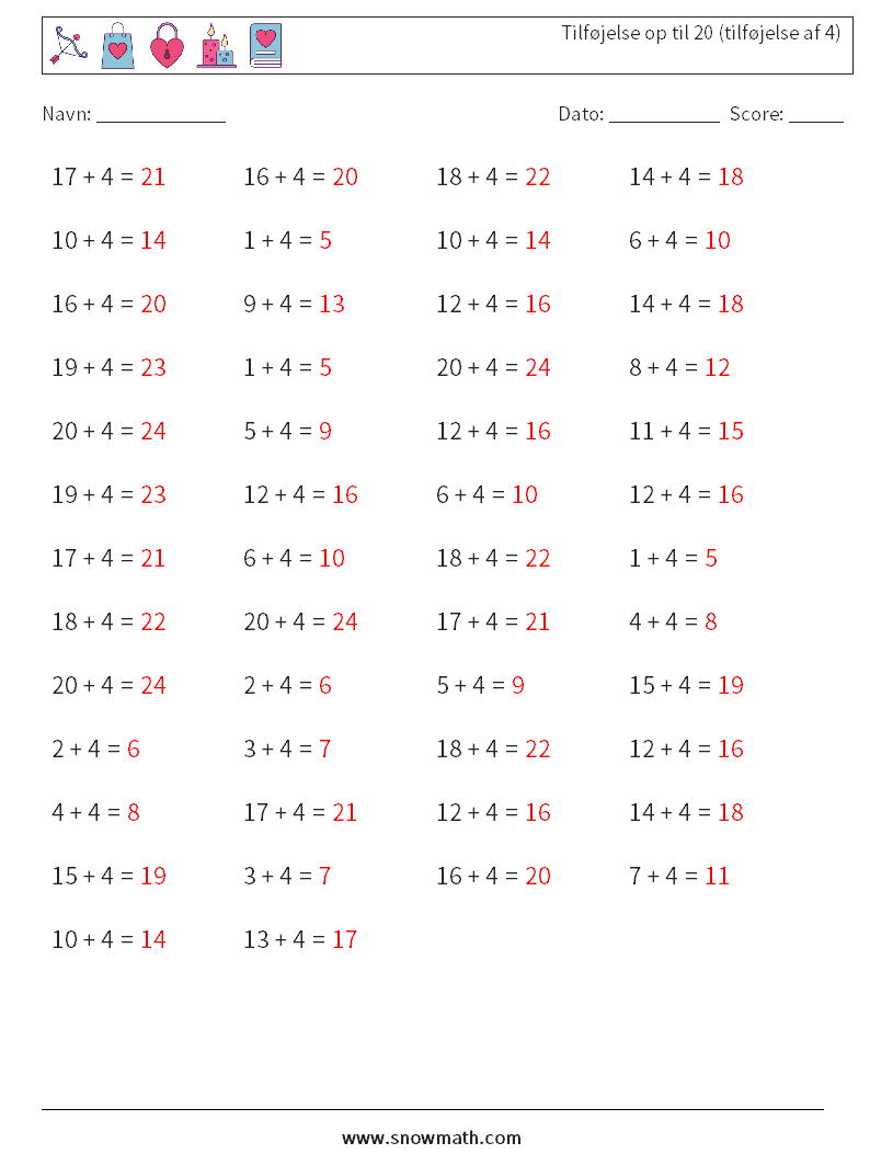 (50) Tilføjelse op til 20 (tilføjelse af 4) Matematiske regneark 4 Spørgsmål, svar