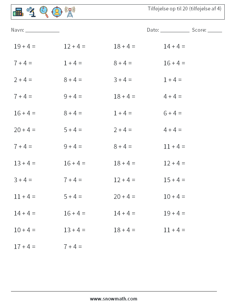 (50) Tilføjelse op til 20 (tilføjelse af 4) Matematiske regneark 6