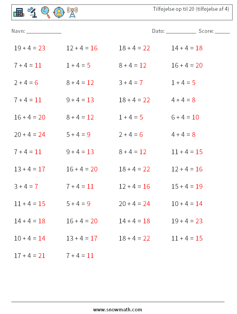 (50) Tilføjelse op til 20 (tilføjelse af 4) Matematiske regneark 6 Spørgsmål, svar