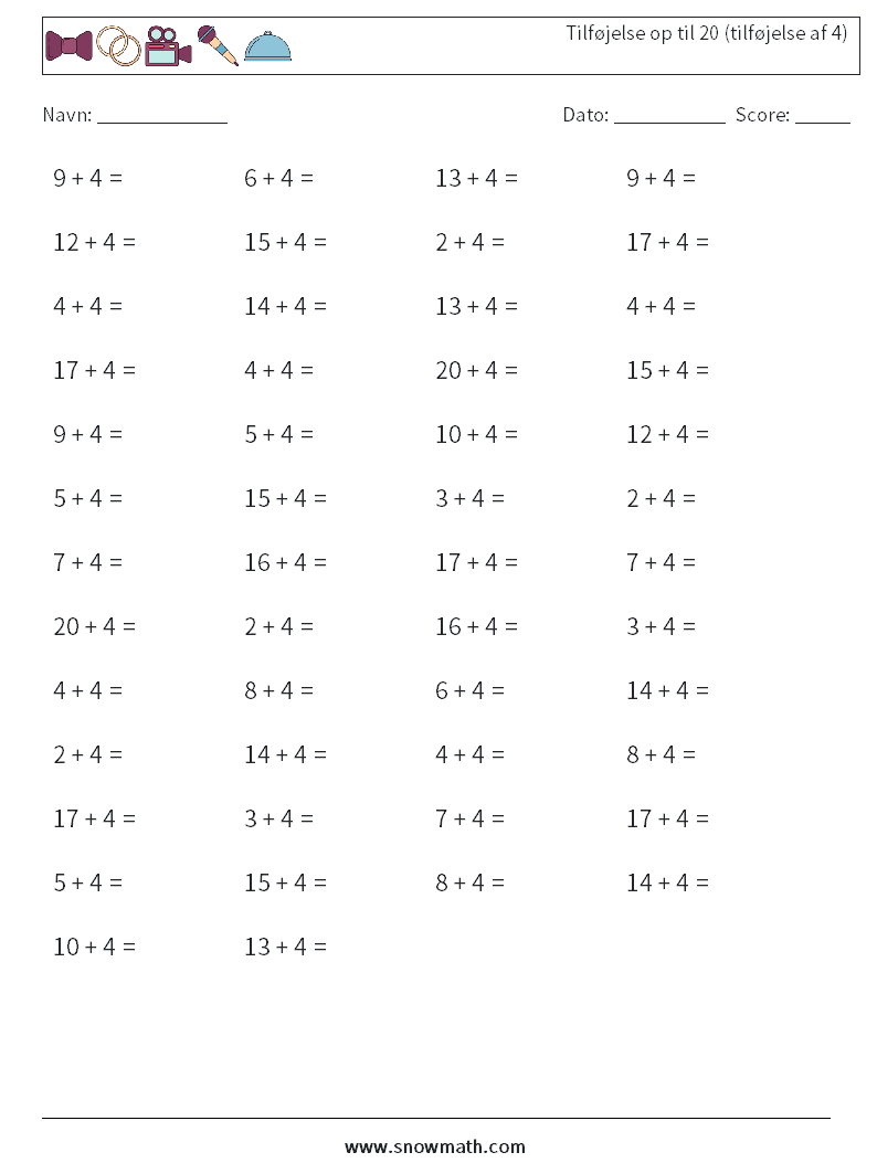 (50) Tilføjelse op til 20 (tilføjelse af 4) Matematiske regneark 7