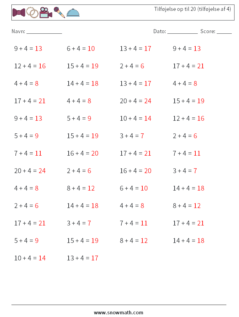 (50) Tilføjelse op til 20 (tilføjelse af 4) Matematiske regneark 7 Spørgsmål, svar