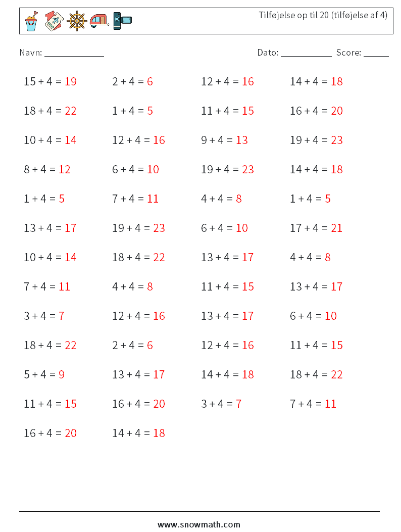 (50) Tilføjelse op til 20 (tilføjelse af 4) Matematiske regneark 8 Spørgsmål, svar