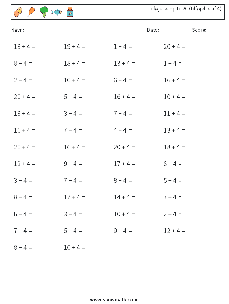 (50) Tilføjelse op til 20 (tilføjelse af 4) Matematiske regneark 9