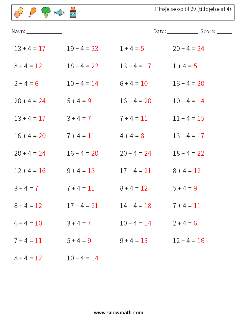 (50) Tilføjelse op til 20 (tilføjelse af 4) Matematiske regneark 9 Spørgsmål, svar