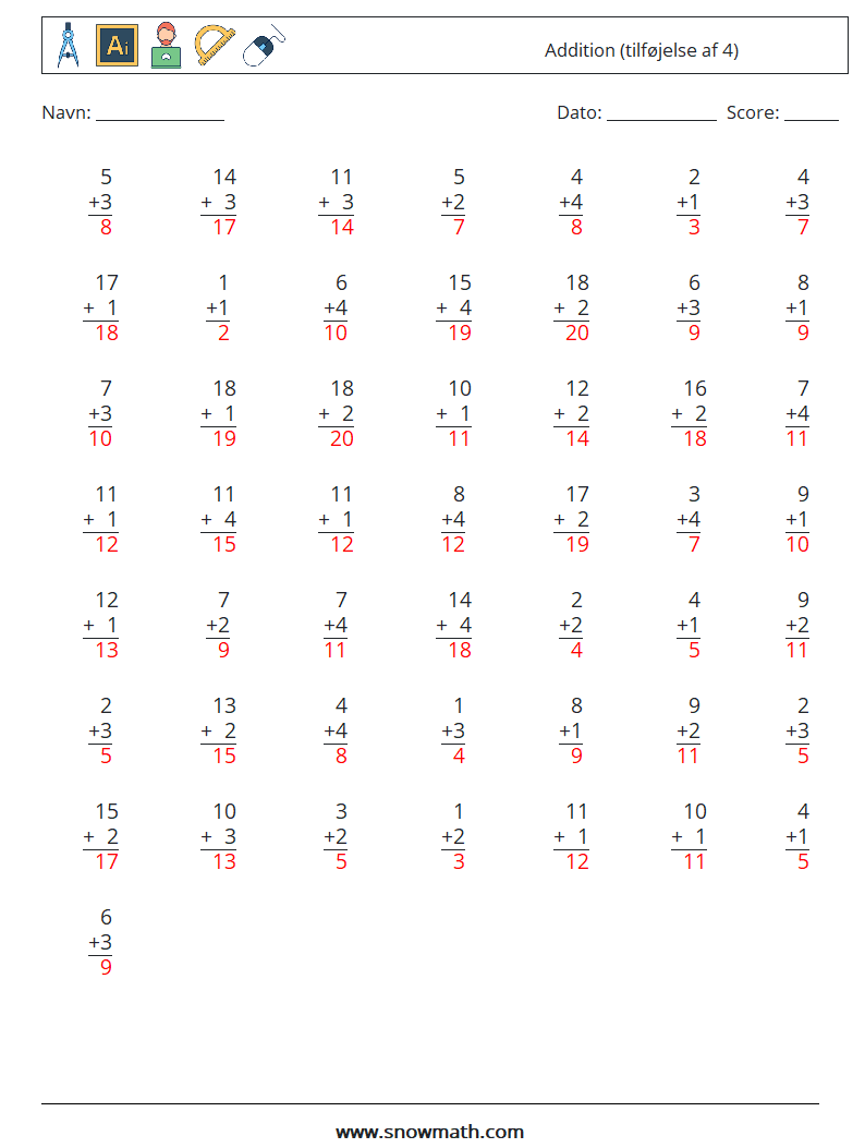 (50) Addition (tilføjelse af 4) Matematiske regneark 14 Spørgsmål, svar