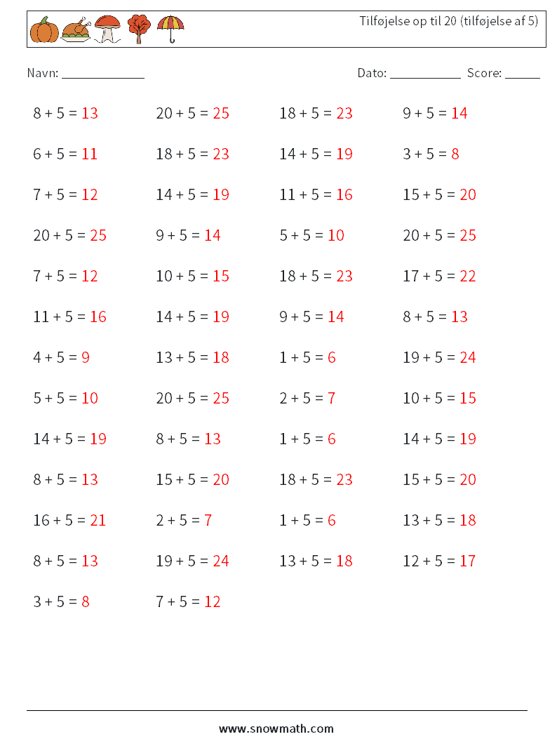 (50) Tilføjelse op til 20 (tilføjelse af 5) Matematiske regneark 1 Spørgsmål, svar