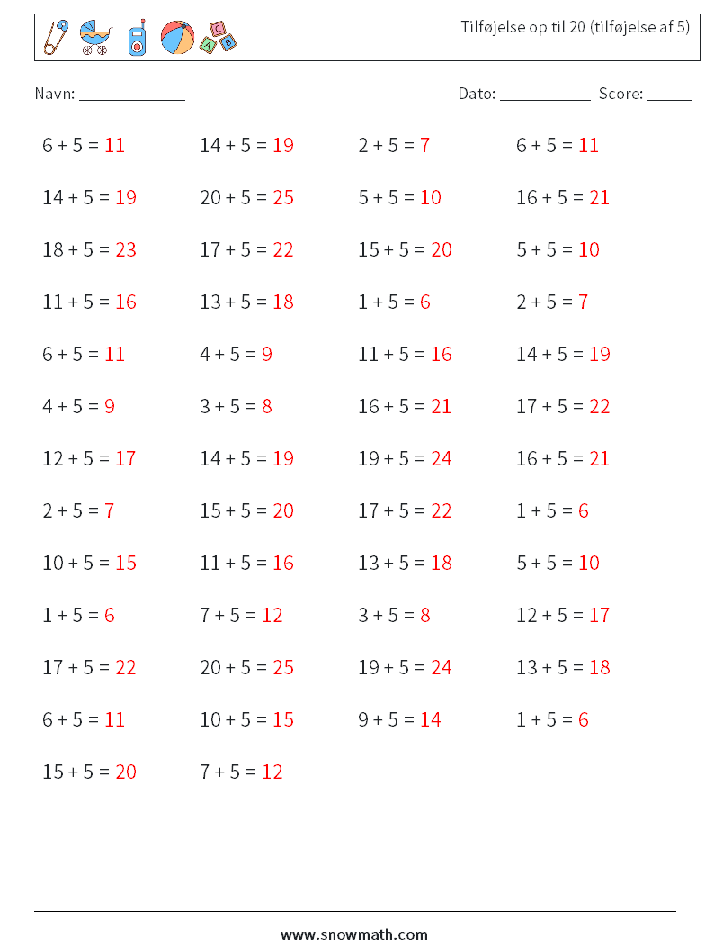 (50) Tilføjelse op til 20 (tilføjelse af 5) Matematiske regneark 3 Spørgsmål, svar