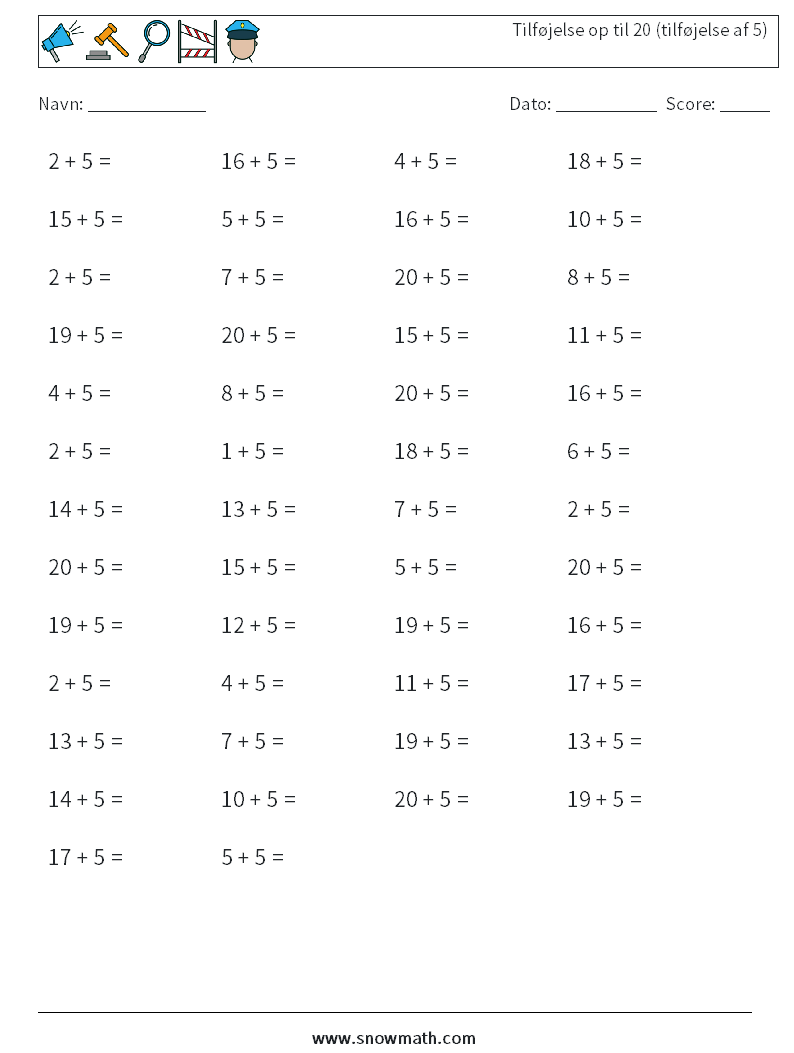 (50) Tilføjelse op til 20 (tilføjelse af 5) Matematiske regneark 4