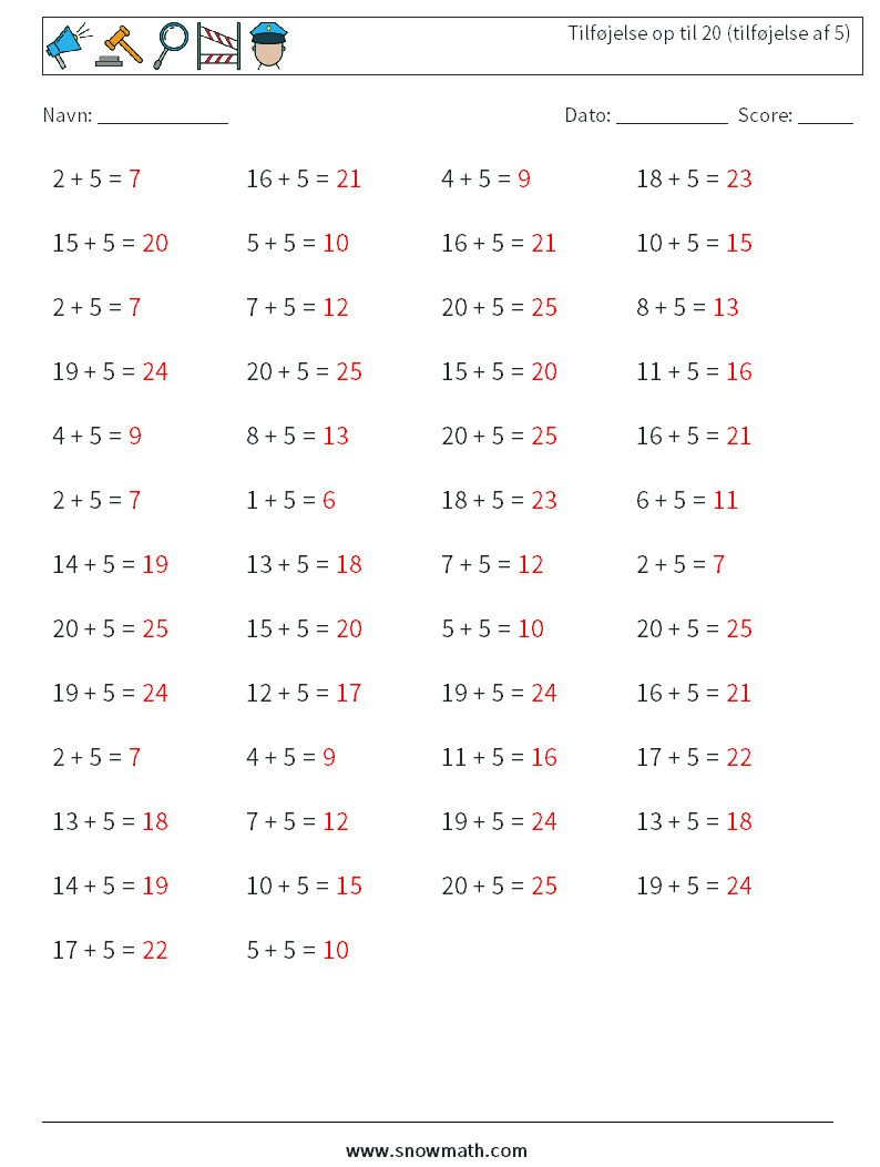 (50) Tilføjelse op til 20 (tilføjelse af 5) Matematiske regneark 4 Spørgsmål, svar