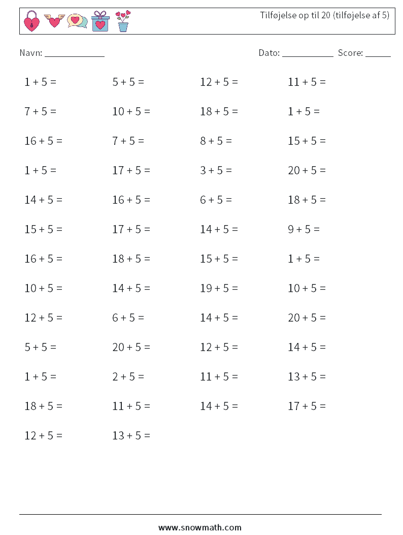 (50) Tilføjelse op til 20 (tilføjelse af 5) Matematiske regneark 5