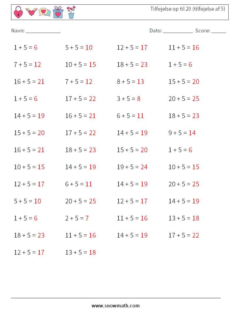 (50) Tilføjelse op til 20 (tilføjelse af 5) Matematiske regneark 5 Spørgsmål, svar