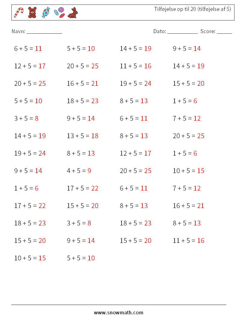 (50) Tilføjelse op til 20 (tilføjelse af 5) Matematiske regneark 6 Spørgsmål, svar