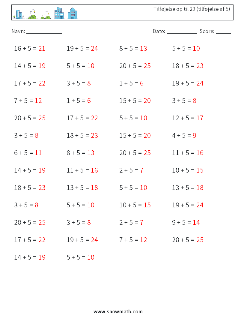 (50) Tilføjelse op til 20 (tilføjelse af 5) Matematiske regneark 7 Spørgsmål, svar