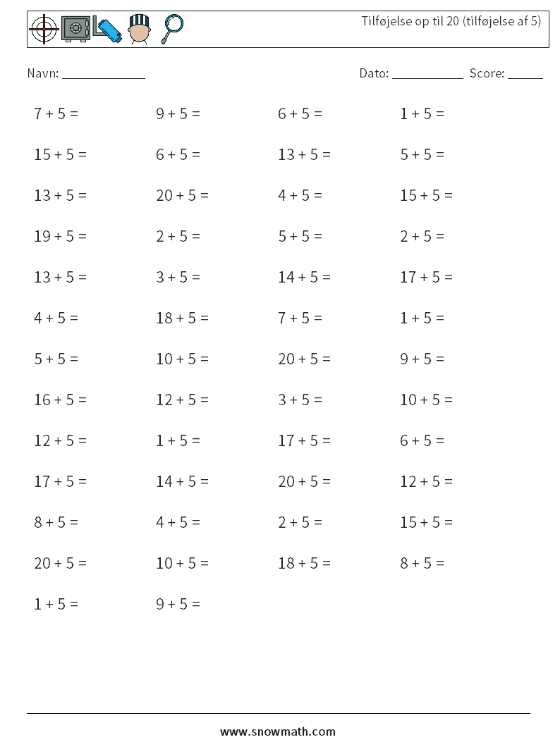 (50) Tilføjelse op til 20 (tilføjelse af 5) Matematiske regneark 8