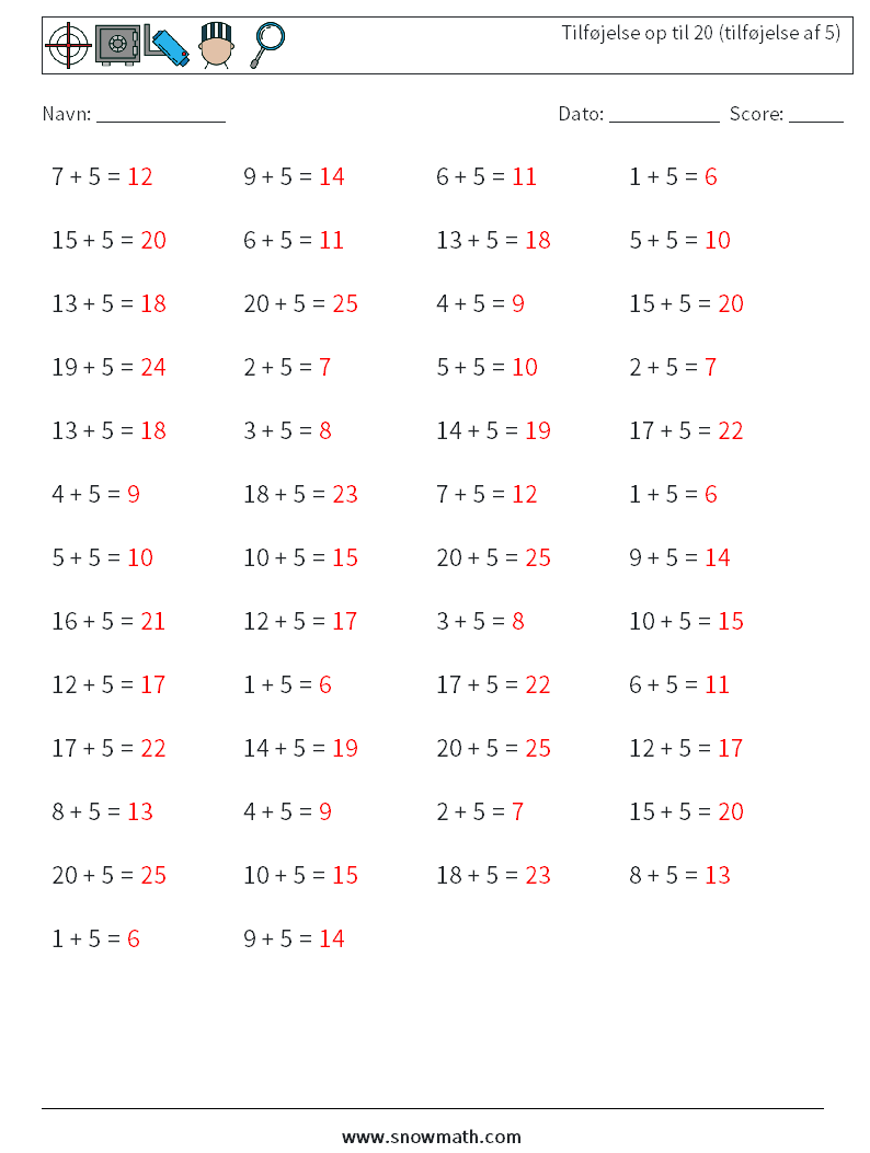 (50) Tilføjelse op til 20 (tilføjelse af 5) Matematiske regneark 8 Spørgsmål, svar