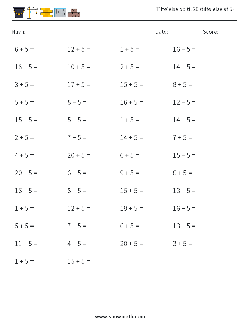 (50) Tilføjelse op til 20 (tilføjelse af 5) Matematiske regneark 9