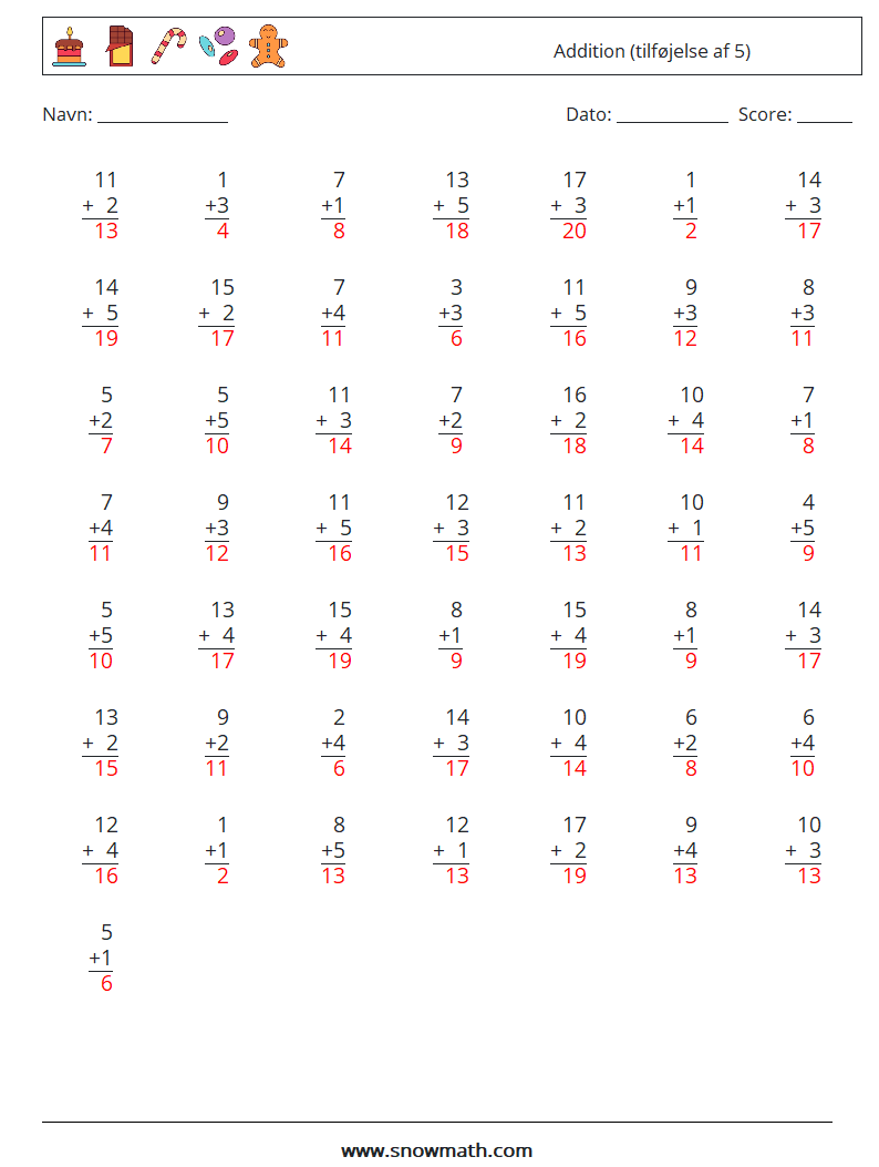 (50) Addition (tilføjelse af 5) Matematiske regneark 10 Spørgsmål, svar