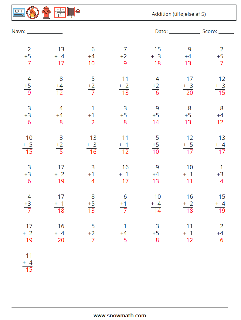 (50) Addition (tilføjelse af 5) Matematiske regneark 11 Spørgsmål, svar