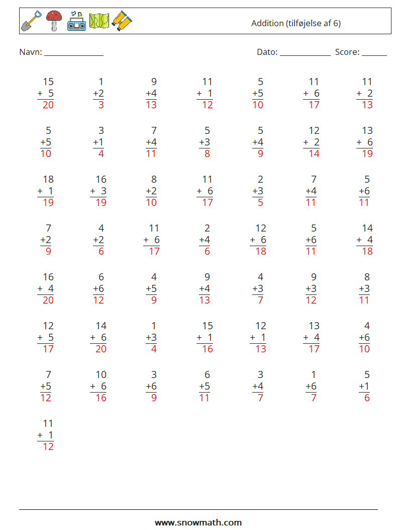 (50) Addition (tilføjelse af 6) Matematiske regneark 18 Spørgsmål, svar