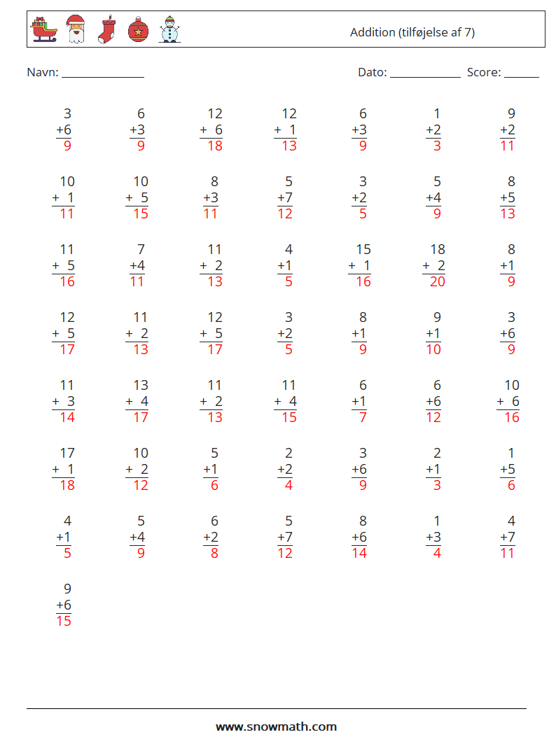 (50) Addition (tilføjelse af 7) Matematiske regneark 11 Spørgsmål, svar