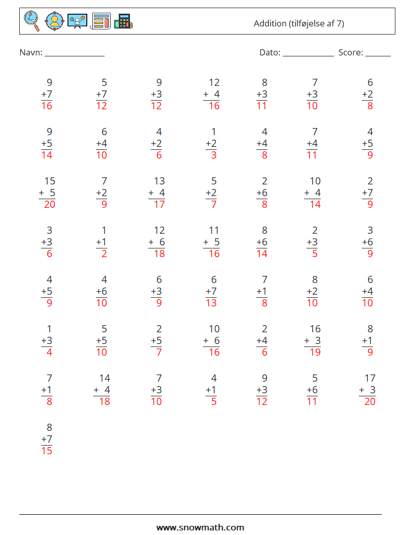 (50) Addition (tilføjelse af 7) Matematiske regneark 12 Spørgsmål, svar