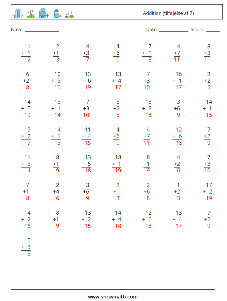 (50) Addition (tilføjelse af 7) Matematiske regneark 15 Spørgsmål, svar