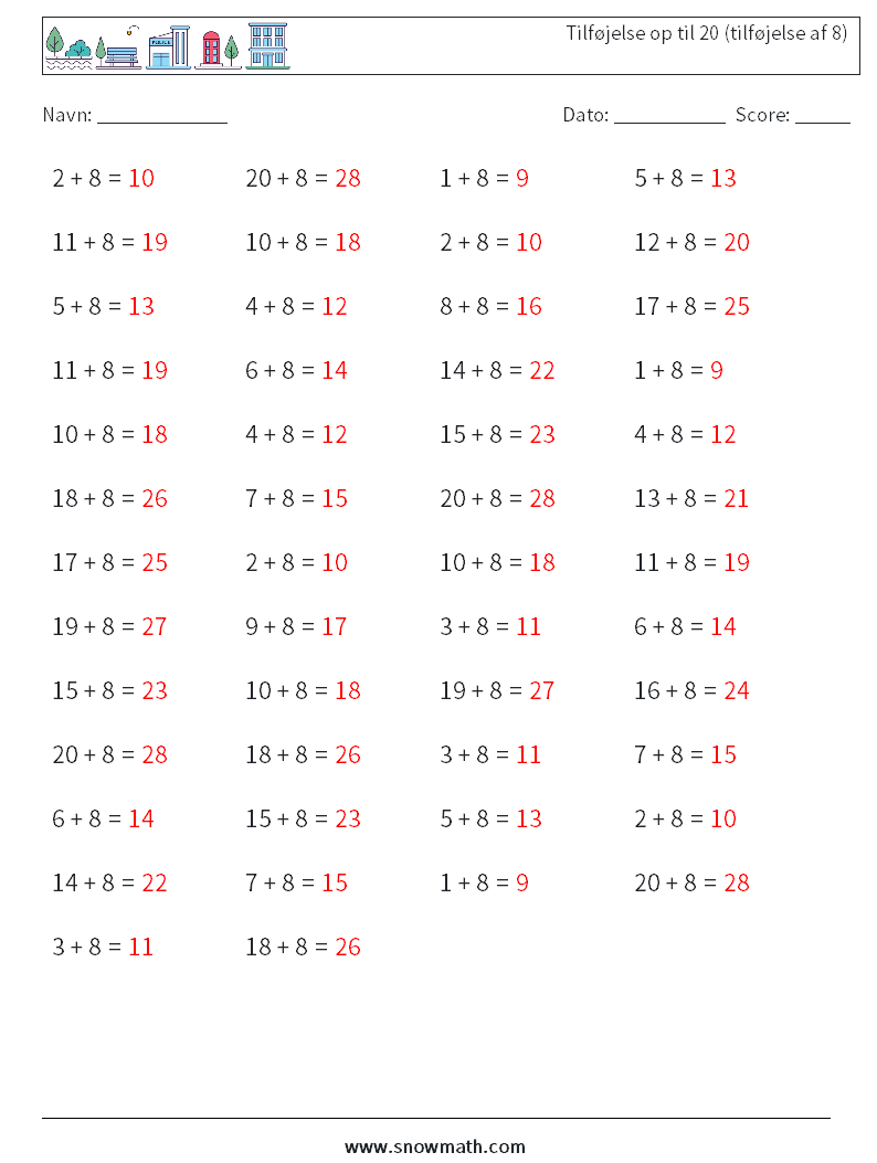 (50) Tilføjelse op til 20 (tilføjelse af 8) Matematiske regneark 1 Spørgsmål, svar