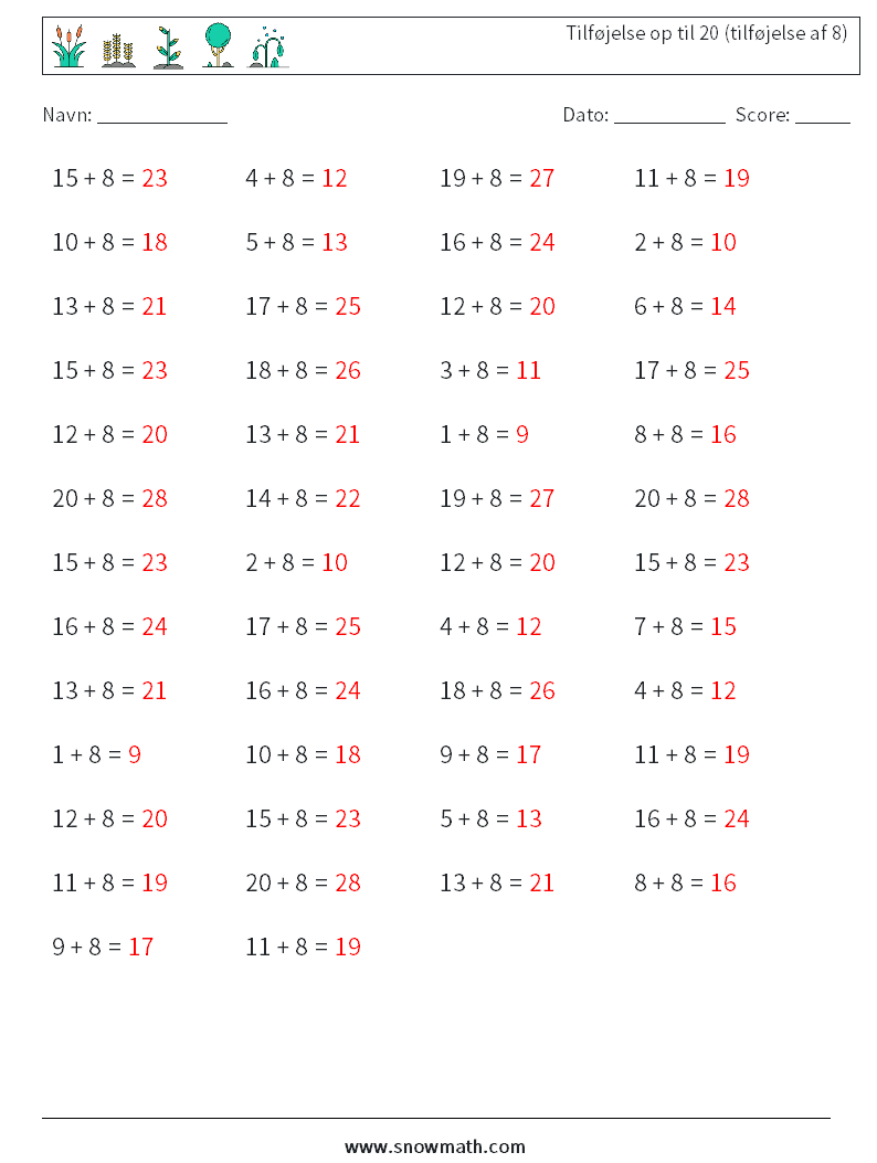 (50) Tilføjelse op til 20 (tilføjelse af 8) Matematiske regneark 3 Spørgsmål, svar