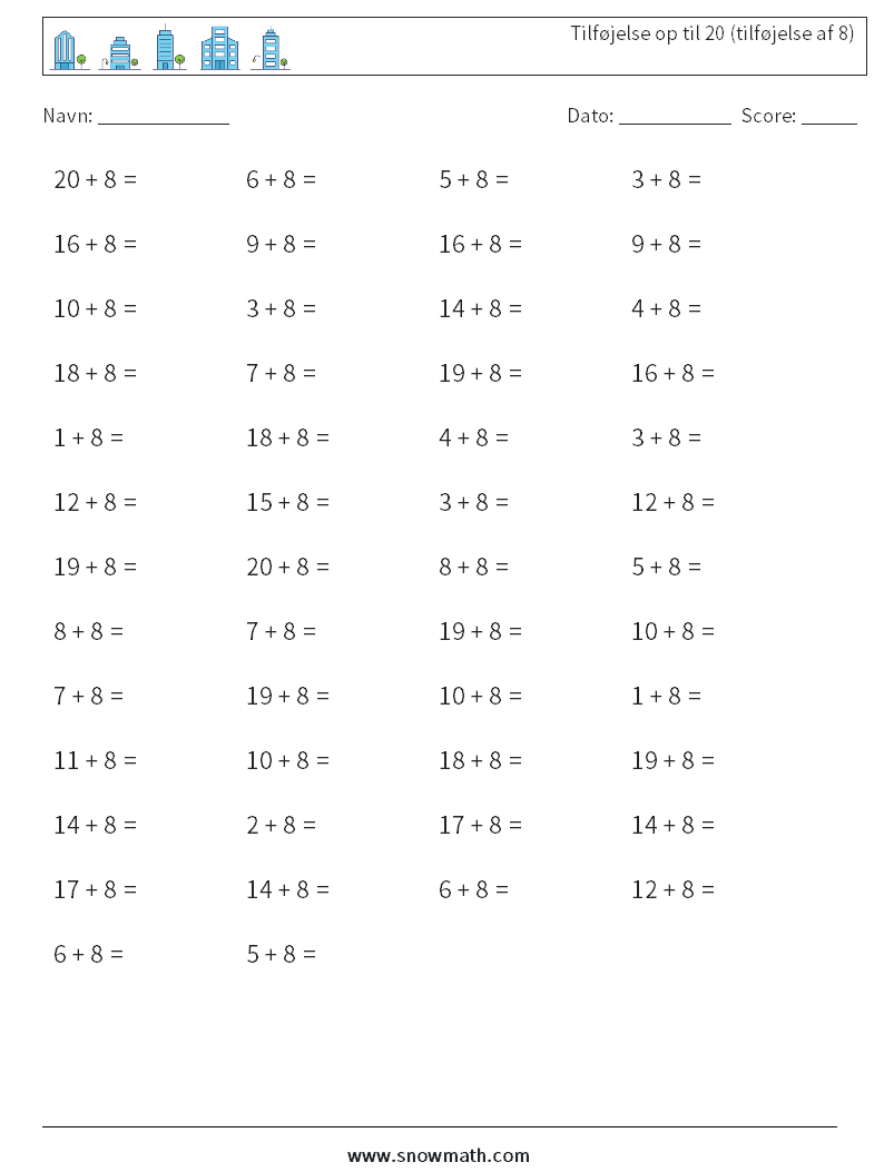 (50) Tilføjelse op til 20 (tilføjelse af 8) Matematiske regneark 5