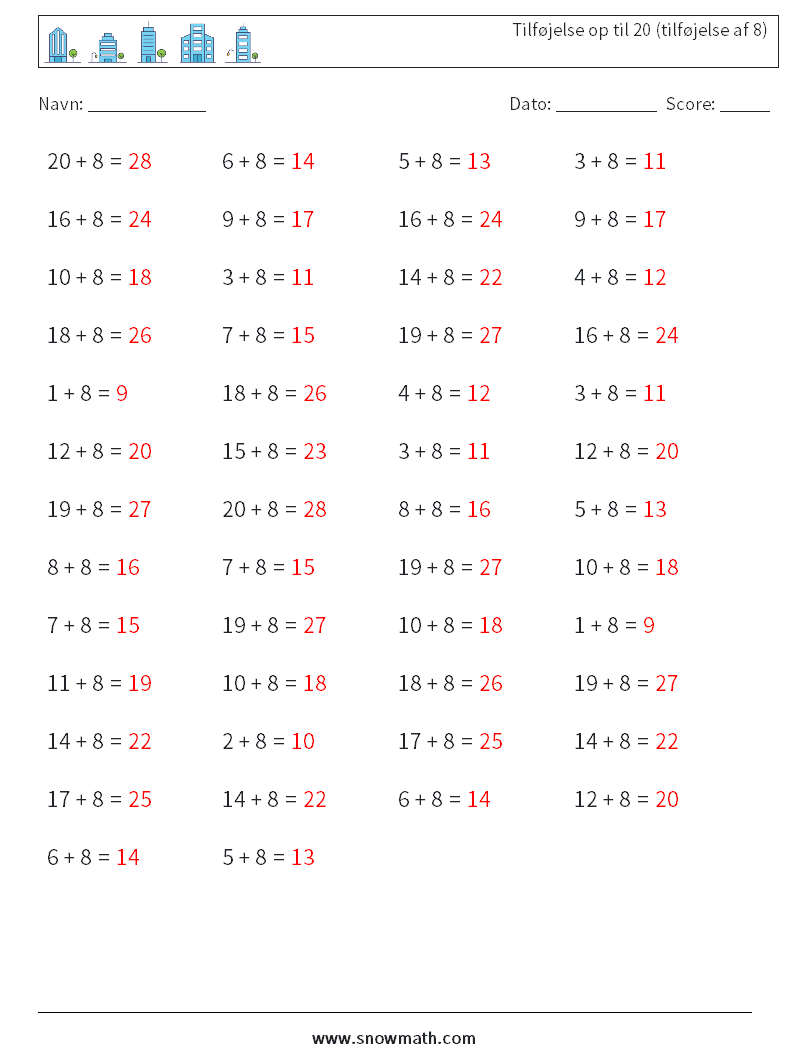 (50) Tilføjelse op til 20 (tilføjelse af 8) Matematiske regneark 5 Spørgsmål, svar