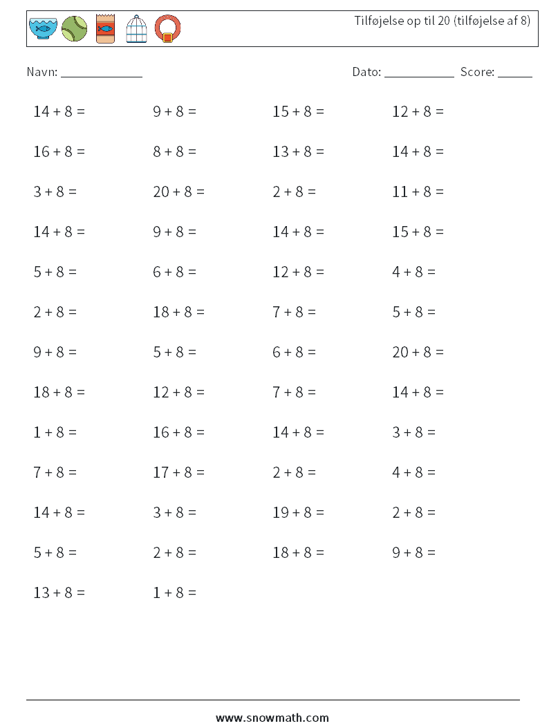 (50) Tilføjelse op til 20 (tilføjelse af 8) Matematiske regneark 8