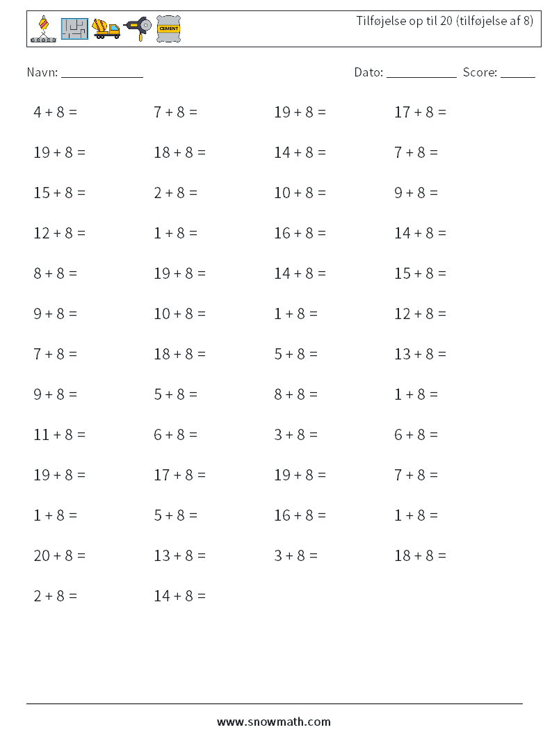 (50) Tilføjelse op til 20 (tilføjelse af 8) Matematiske regneark 9