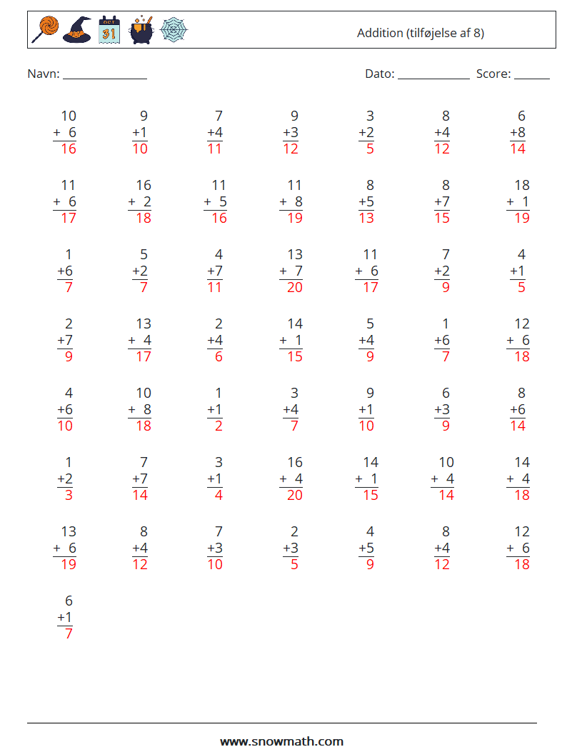 (50) Addition (tilføjelse af 8) Matematiske regneark 12 Spørgsmål, svar