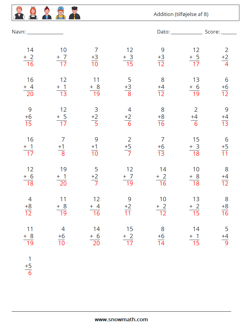 (50) Addition (tilføjelse af 8) Matematiske regneark 13 Spørgsmål, svar